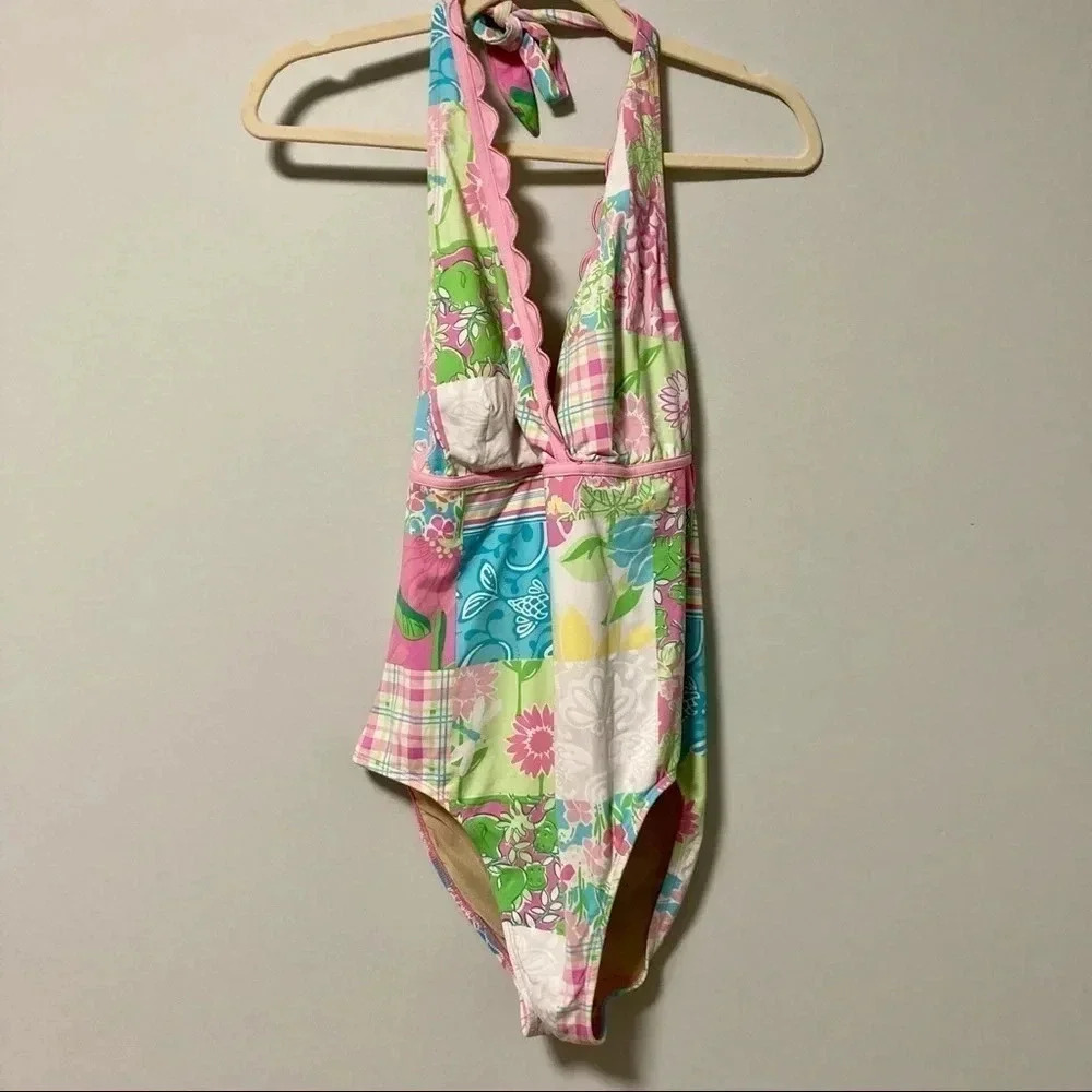 Lilly Pulitzer patchwork scalloped v neck one piece swimsuit